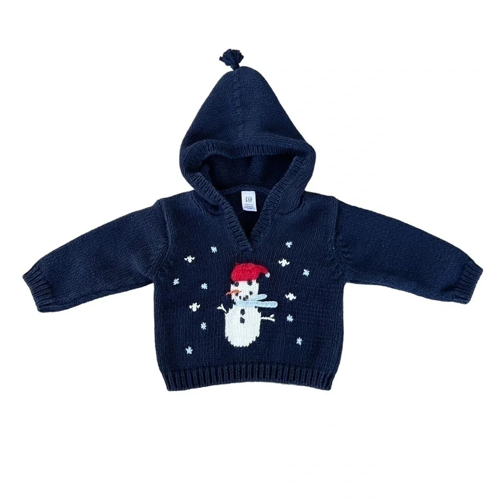 BabyGap Snowman Hooded Knit Sweater Newborn 3-6 Months Navy Blue Christmas GUC
